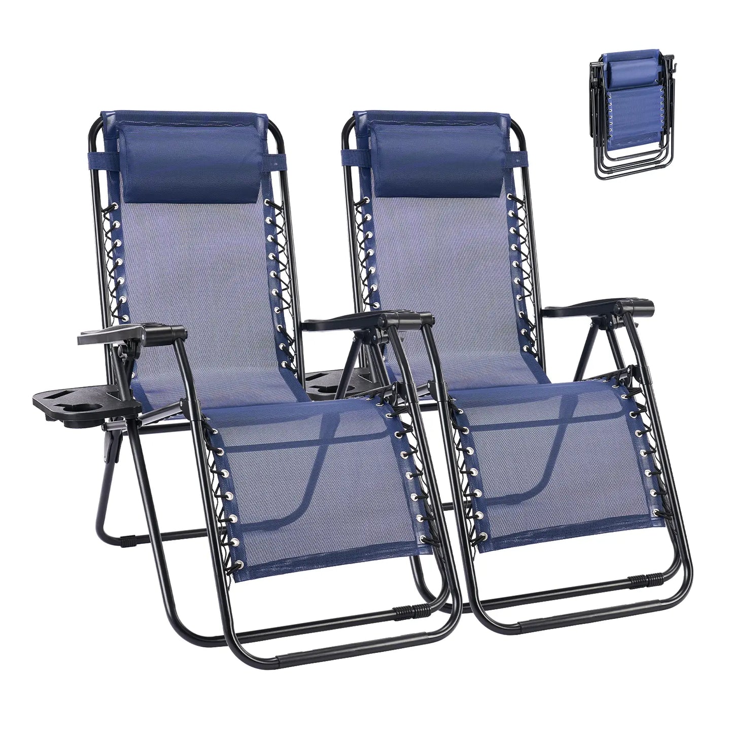 Zero Gravity Set of 2 Folding Lounge Chairs with Cup Holder Trays