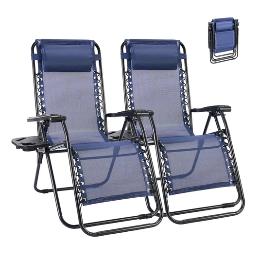 Zero Gravity Set of 2 Folding Lounge Chairs with Cup Holder Trays