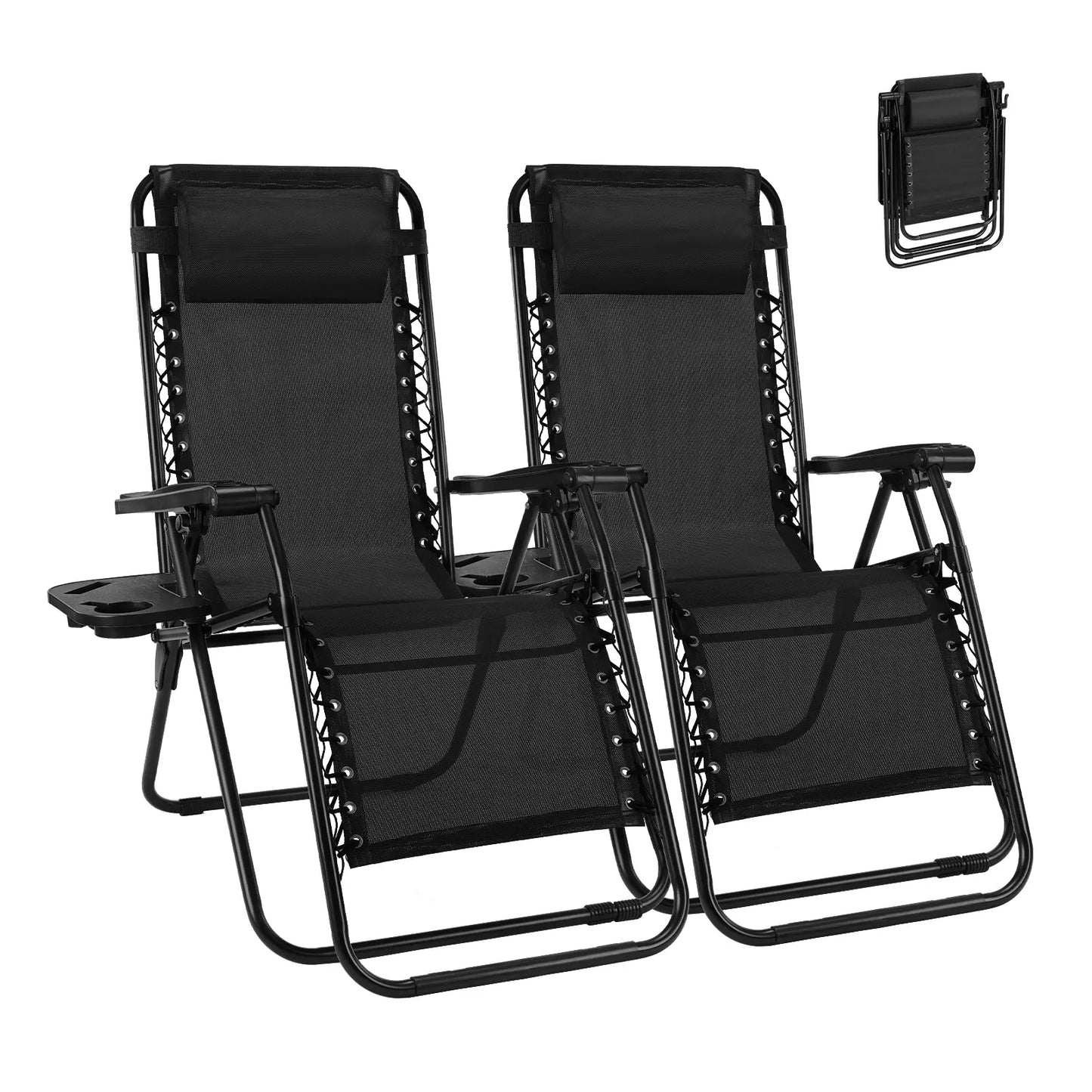Zero Gravity Set of 2 Folding Lounge Chairs with Cup Holder Trays