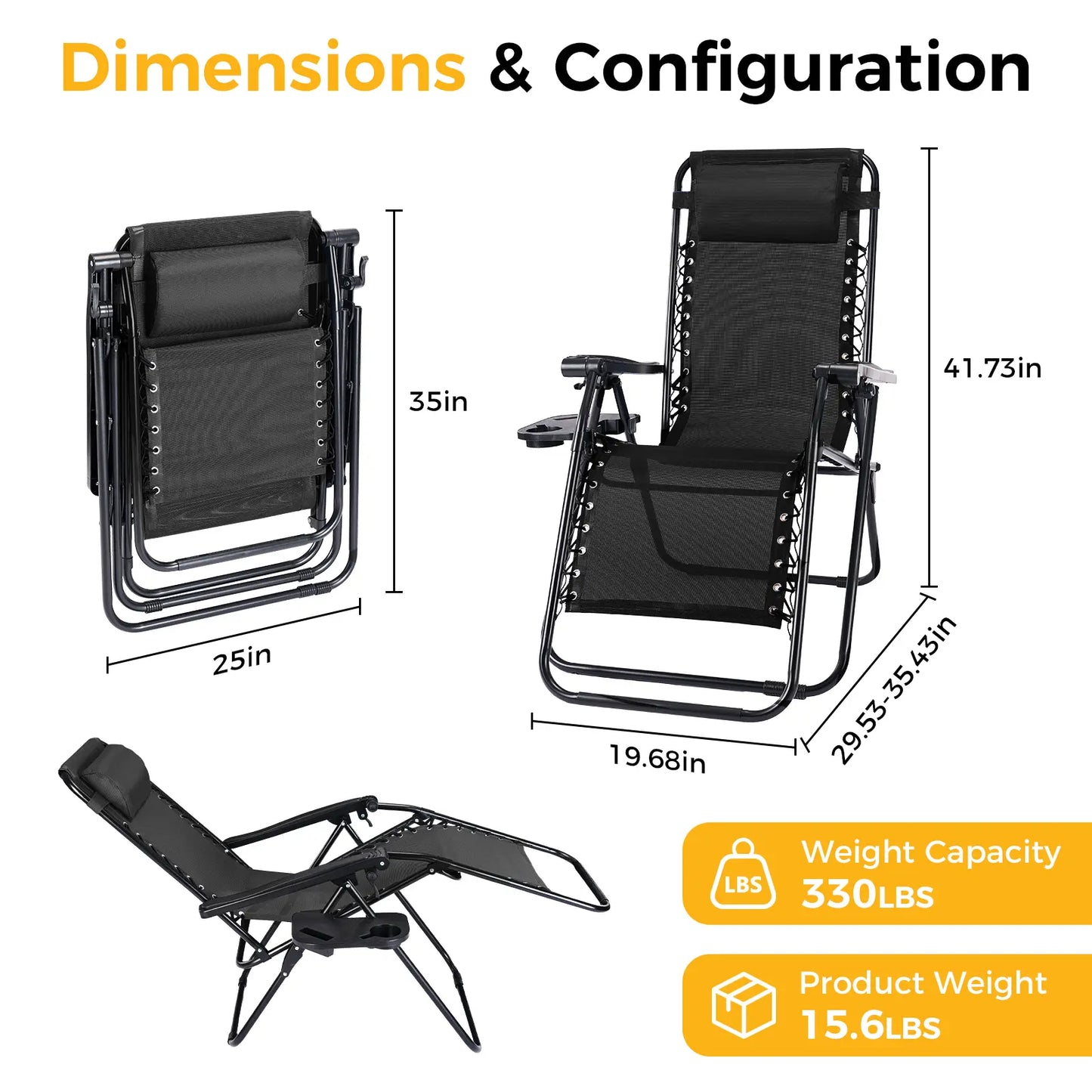 Zero Gravity Set of 2 Folding Lounge Chairs with Cup Holder Trays