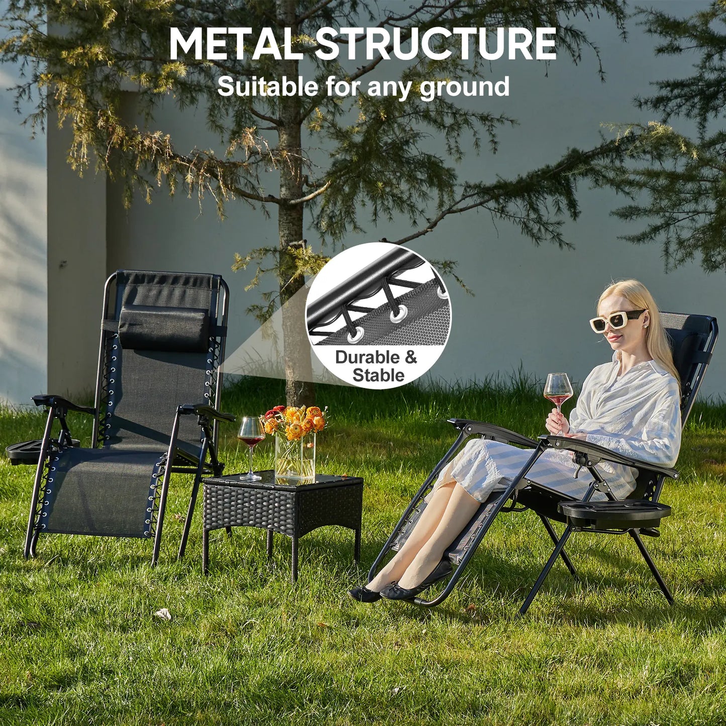 Zero Gravity Set of 2 Folding Lounge Chairs with Cup Holder Trays
