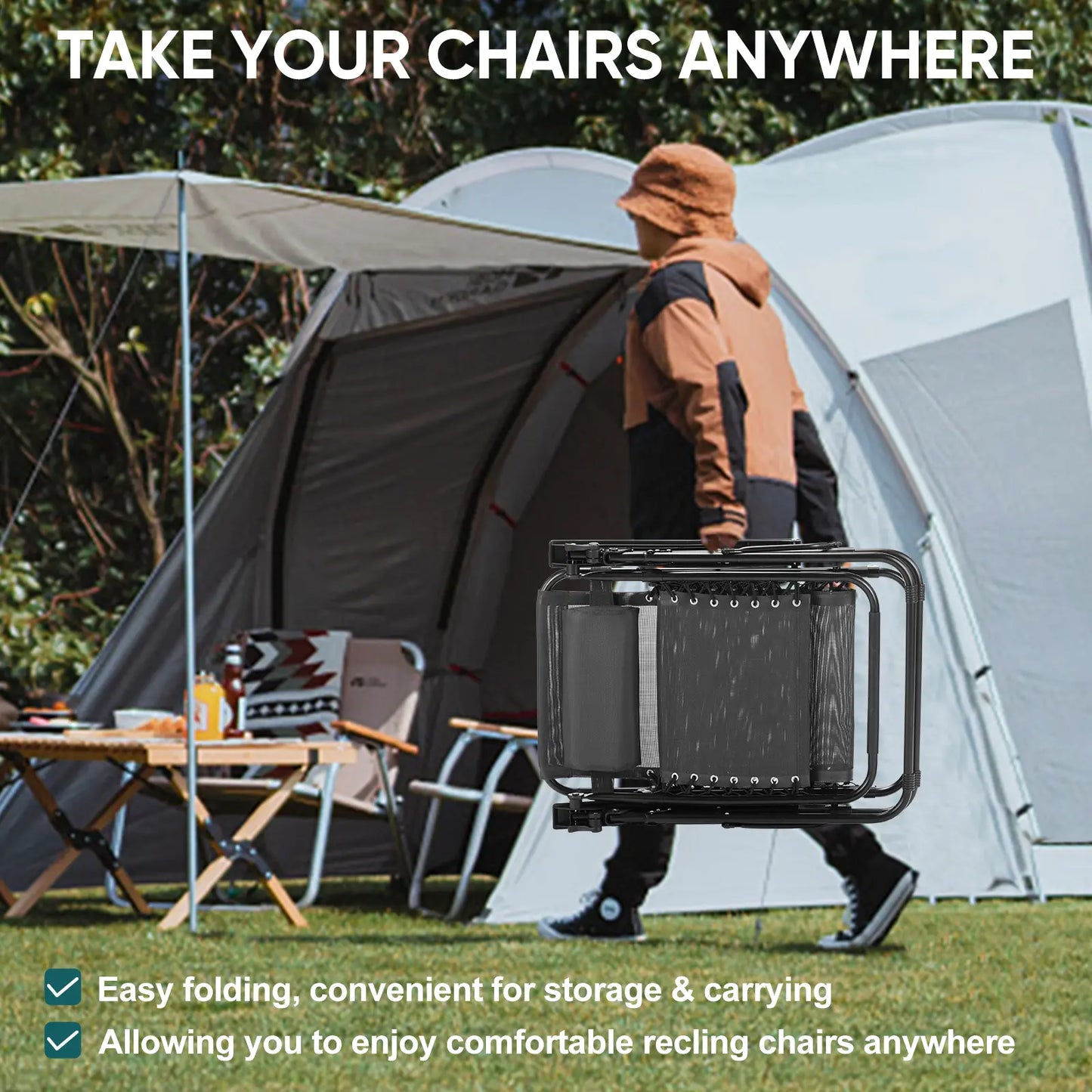 Zero Gravity Set of 2 Folding Lounge Chairs with Cup Holder Trays