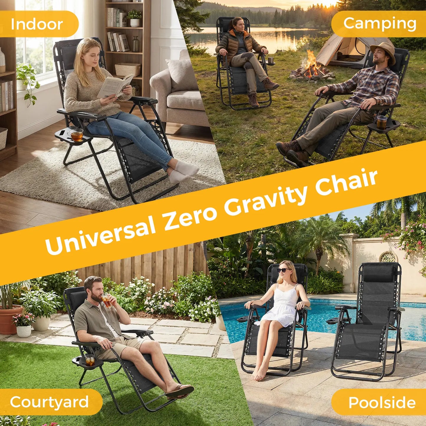Zero Gravity Set of 2 Folding Lounge Chairs with Cup Holder Trays
